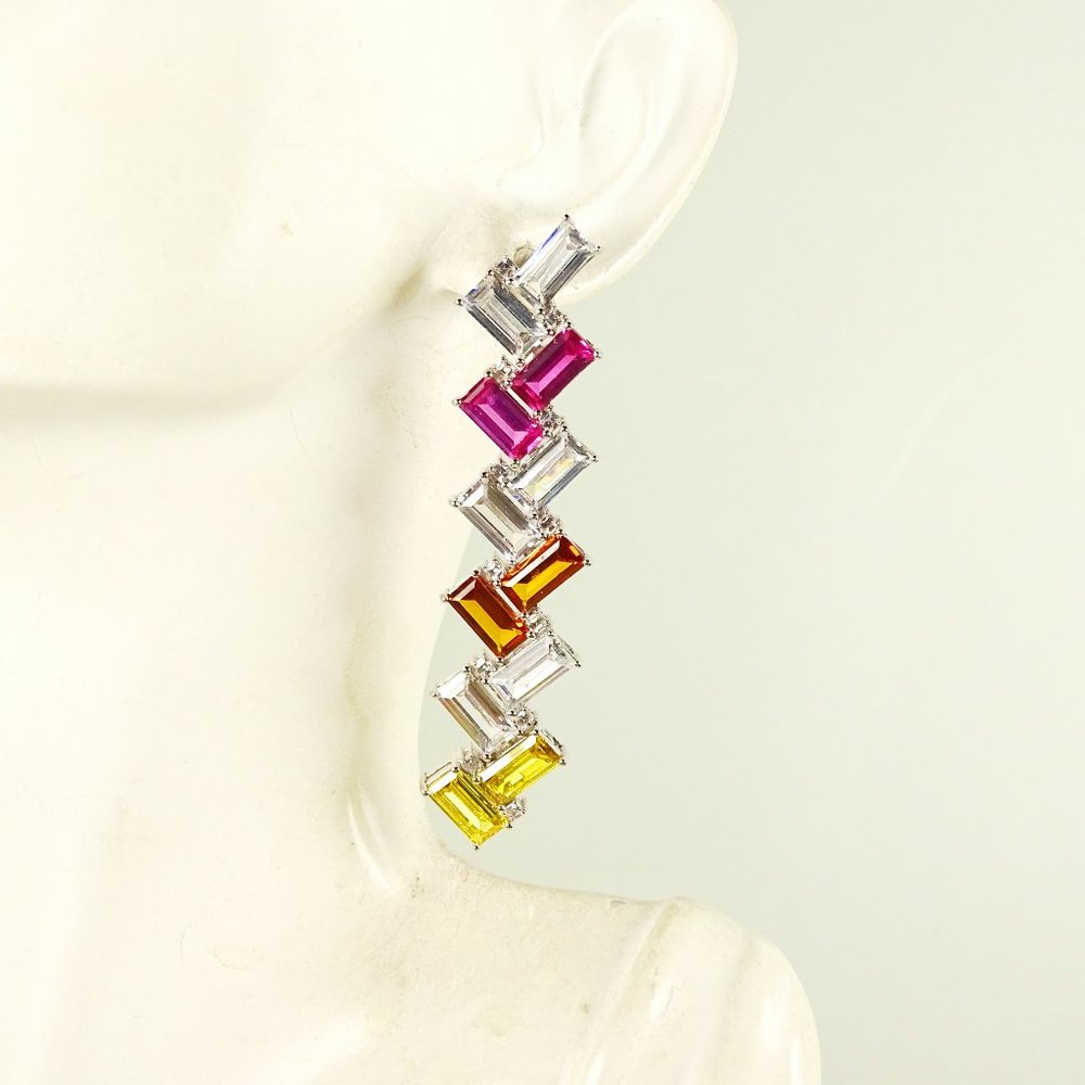 KURT GEIGER Rhodium Plated Multicolor Crystals Dangle Earrings - Picture 5 of 6